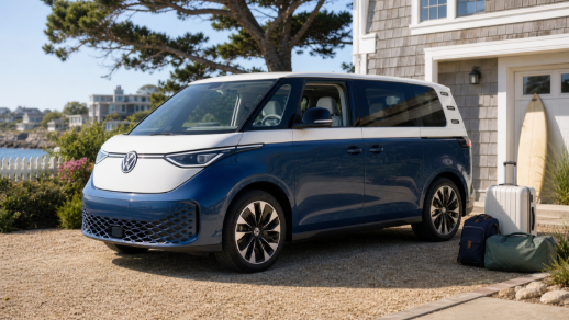 Two-tone 2025 Volkswagen ID. Buzz parked outside a coastal home with family travel luggage nearby.