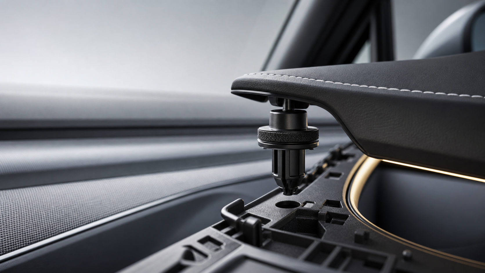 Close-up editorial image of an EV interior trim panel and anti-rattle clip designed to reduce cabin squeaks and vibration.