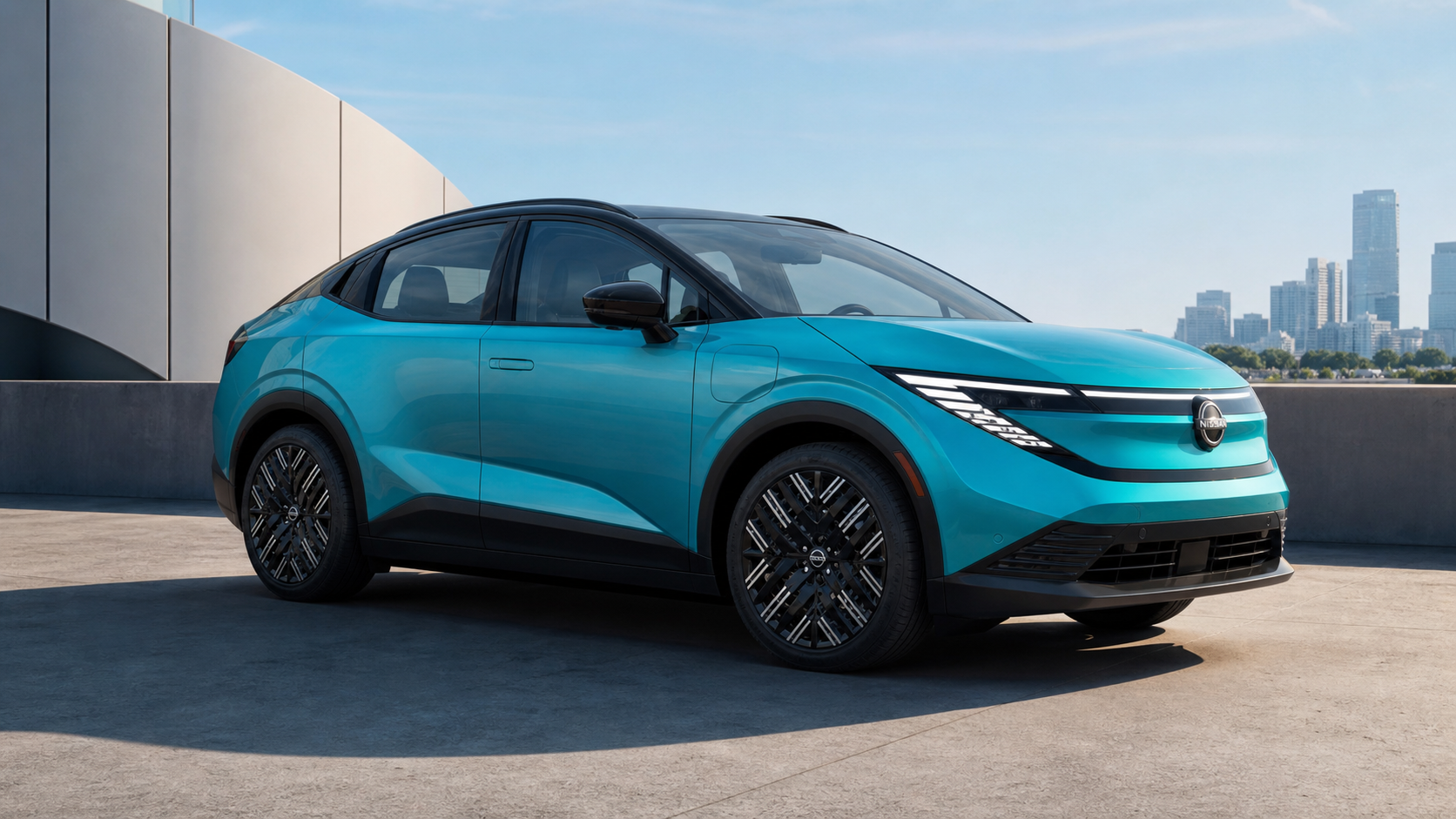 Redesigned 2026 Nissan Leaf-style compact electric crossover shown from the front three-quarter angle with the official smooth closed fascia and slim light signature.