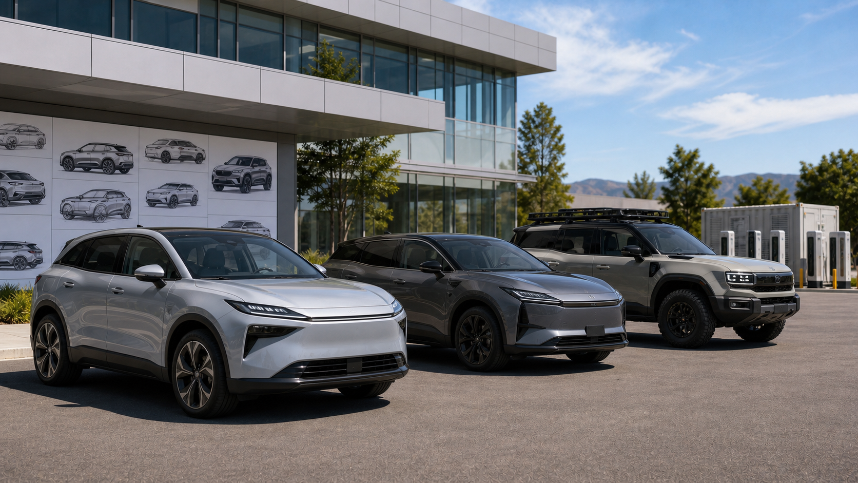 Toyota-style electric SUVs parked outside a modern engineering center with chargers and design boards nearby.