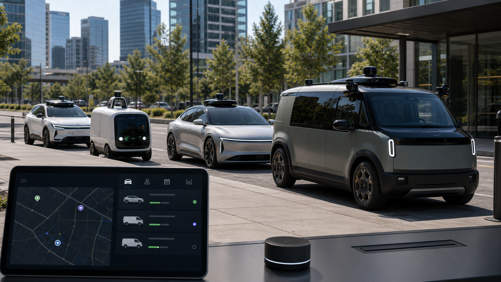 Unbranded autonomous electric vehicles staged at an urban curb with a fleet-dispatch screen nearby.