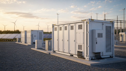 Utility-scale battery energy storage containers at a clean energy site with solar infrastructure in the background.