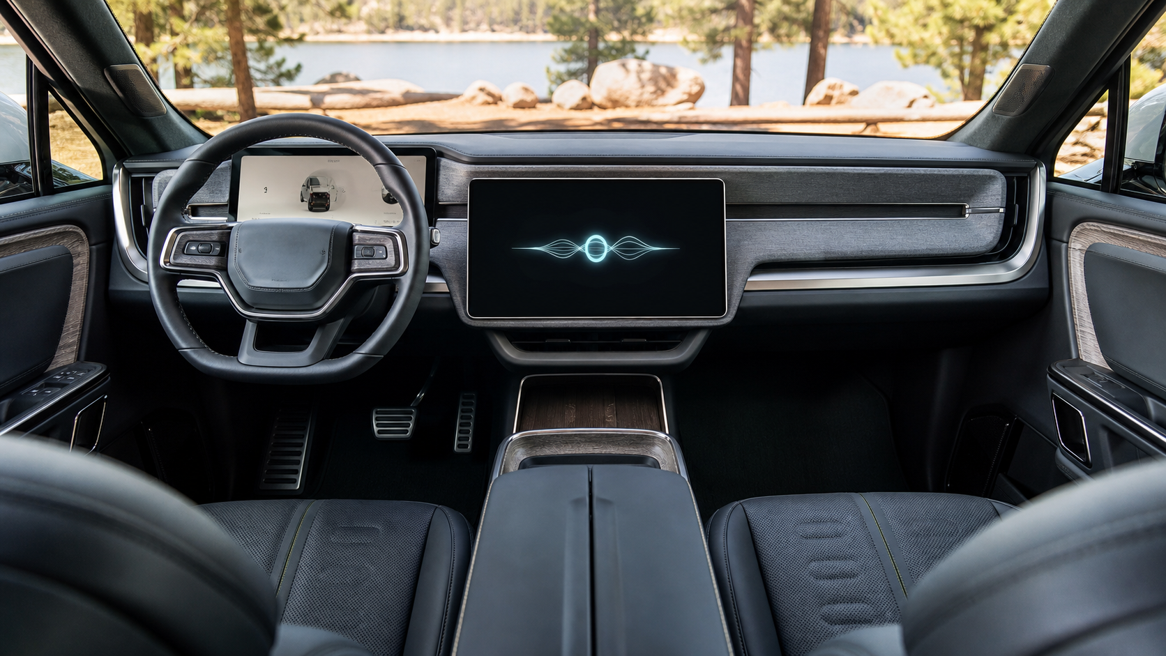 Rivian-style electric vehicle interior with a central screen showing a generic voice-assistant waveform.