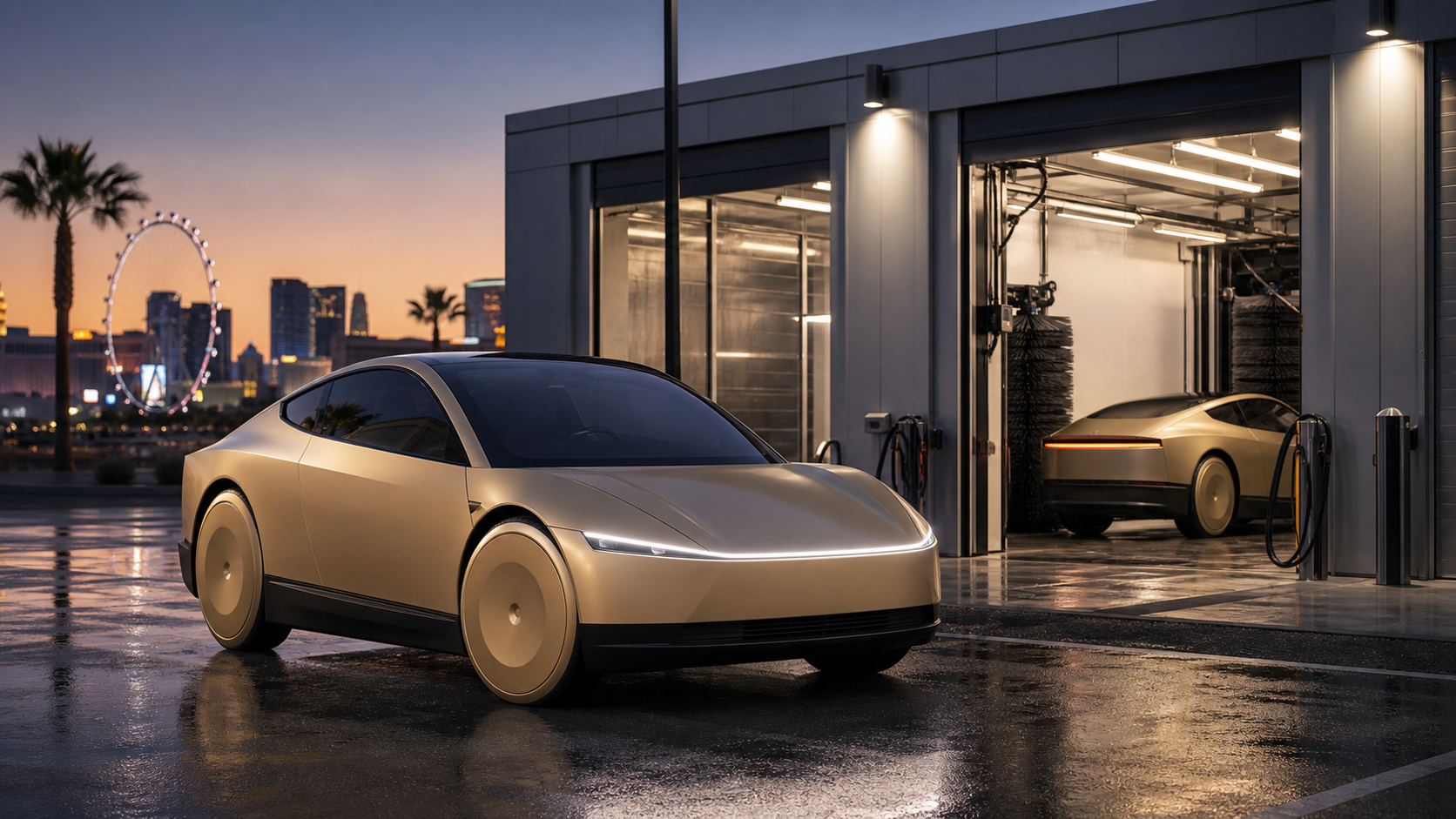 Tesla Cybercab-style autonomous coupe staged at a Las Vegas fleet support and wash facility.