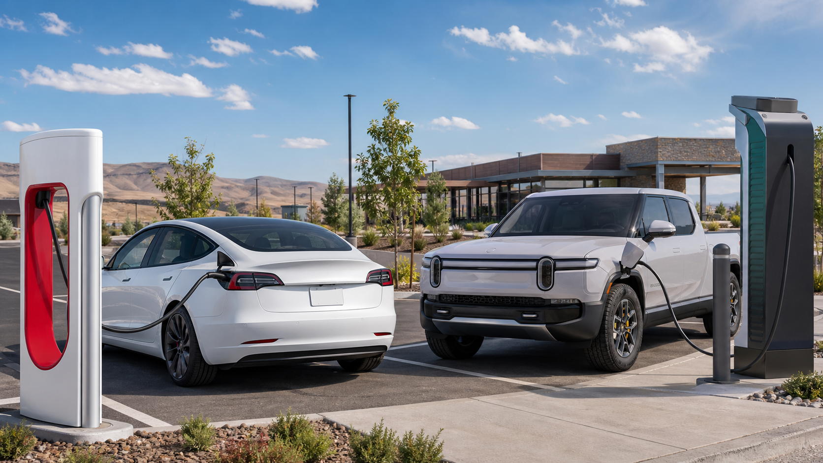 Tesla-style sedan and Rivian-style electric truck charging at an orderly fast-charging plaza.