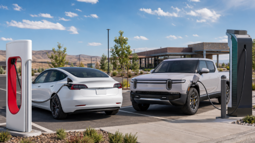 Tesla-style sedan and Rivian-style electric truck charging at an orderly fast-charging plaza.