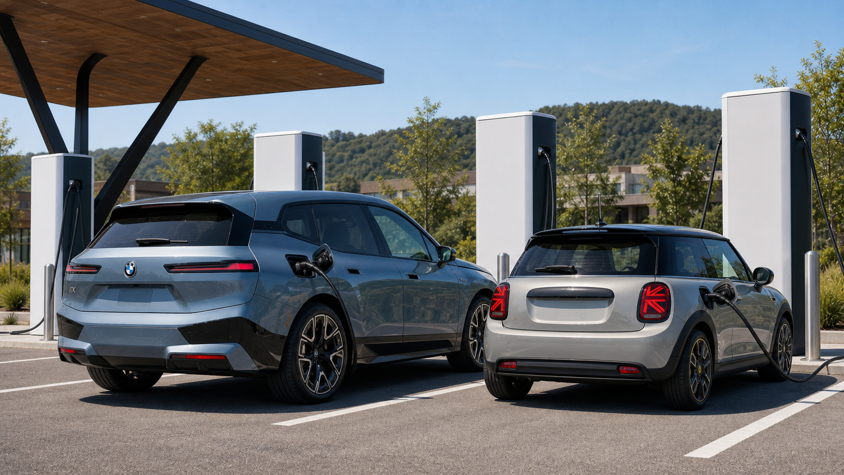 BMW iX and Mini Cooper SE charging at a clean fast-charging plaza for an Ionna discount story.