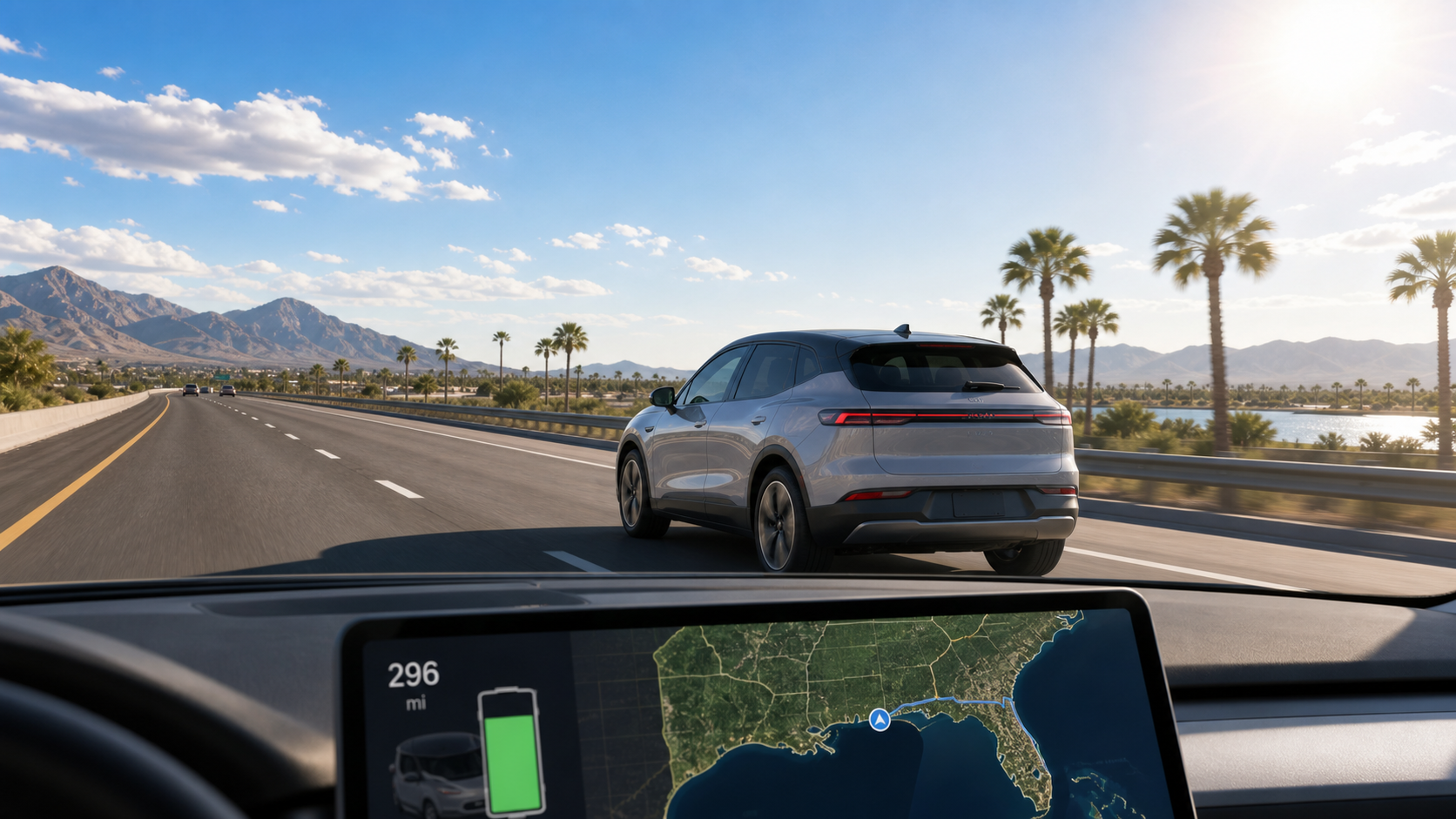 Generic electric crossover driving through a warm Southern highway landscape with a range display in the foreground.