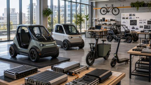 Small electric mobility prototypes and battery modules inside a bright urban design studio.