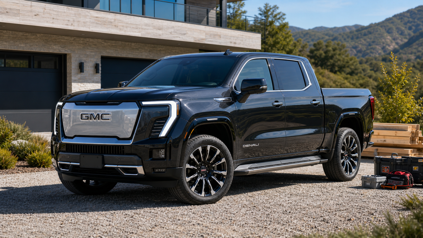Black 2025 GMC Sierra EV Denali parked in a premium driveway with work gear nearby.