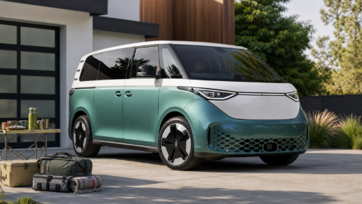 Volkswagen ID. Buzz-style electric van parked in a driveway with camping gear nearby.