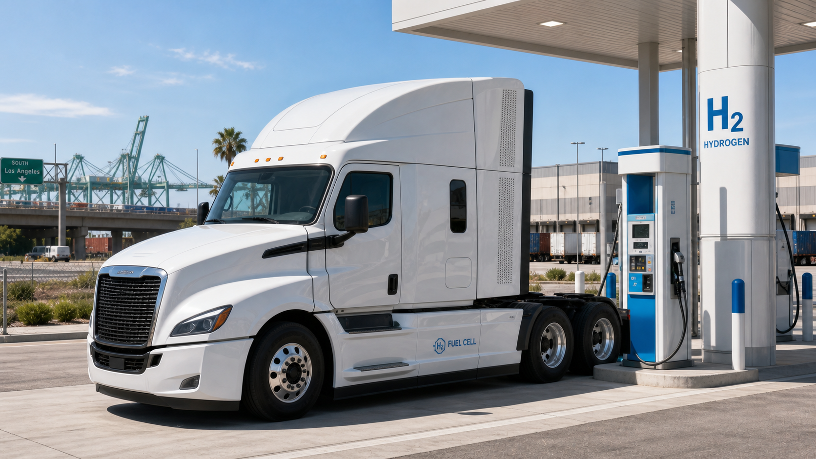 Hydrogen fuel-cell Class 8 truck fueling near a Southern California logistics corridor.