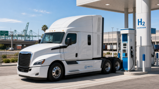 Hydrogen fuel-cell Class 8 truck fueling near a Southern California logistics corridor.
