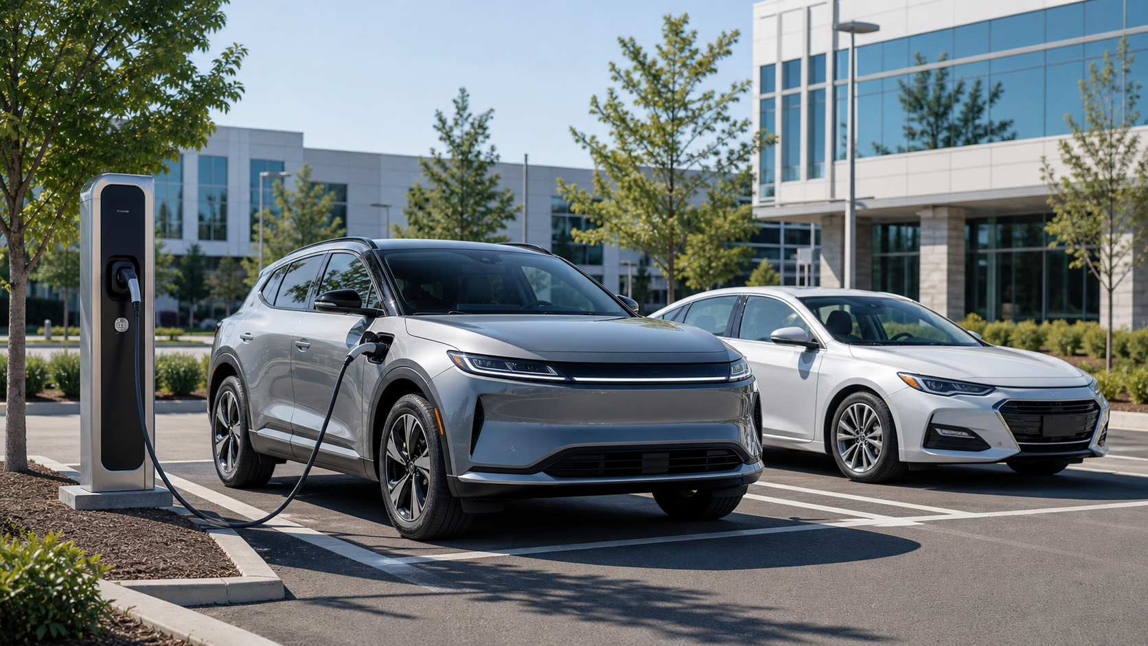 Generic electric crossover correctly parked at a charging stall beside a nearby hybrid sedan, representing an automaker balancing EV and hybrid strategy.