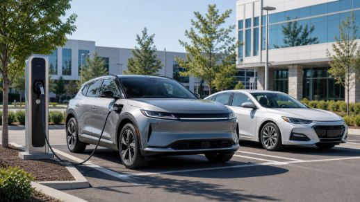 Generic electric crossover correctly parked at a charging stall beside a nearby hybrid sedan, representing an automaker balancing EV and hybrid strategy.